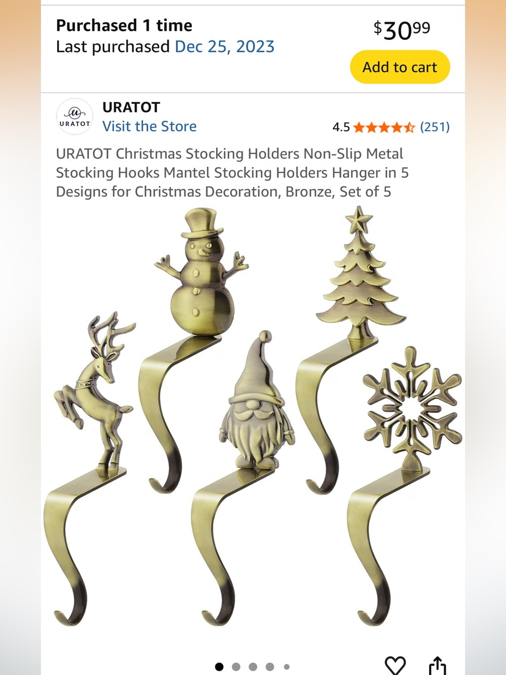 Bronze Holiday Stocking Holders - Set of 5